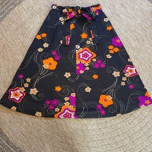Vintage 1970s Floral A-Line Skirt waist tie black, fuchsia, orange, tan, white